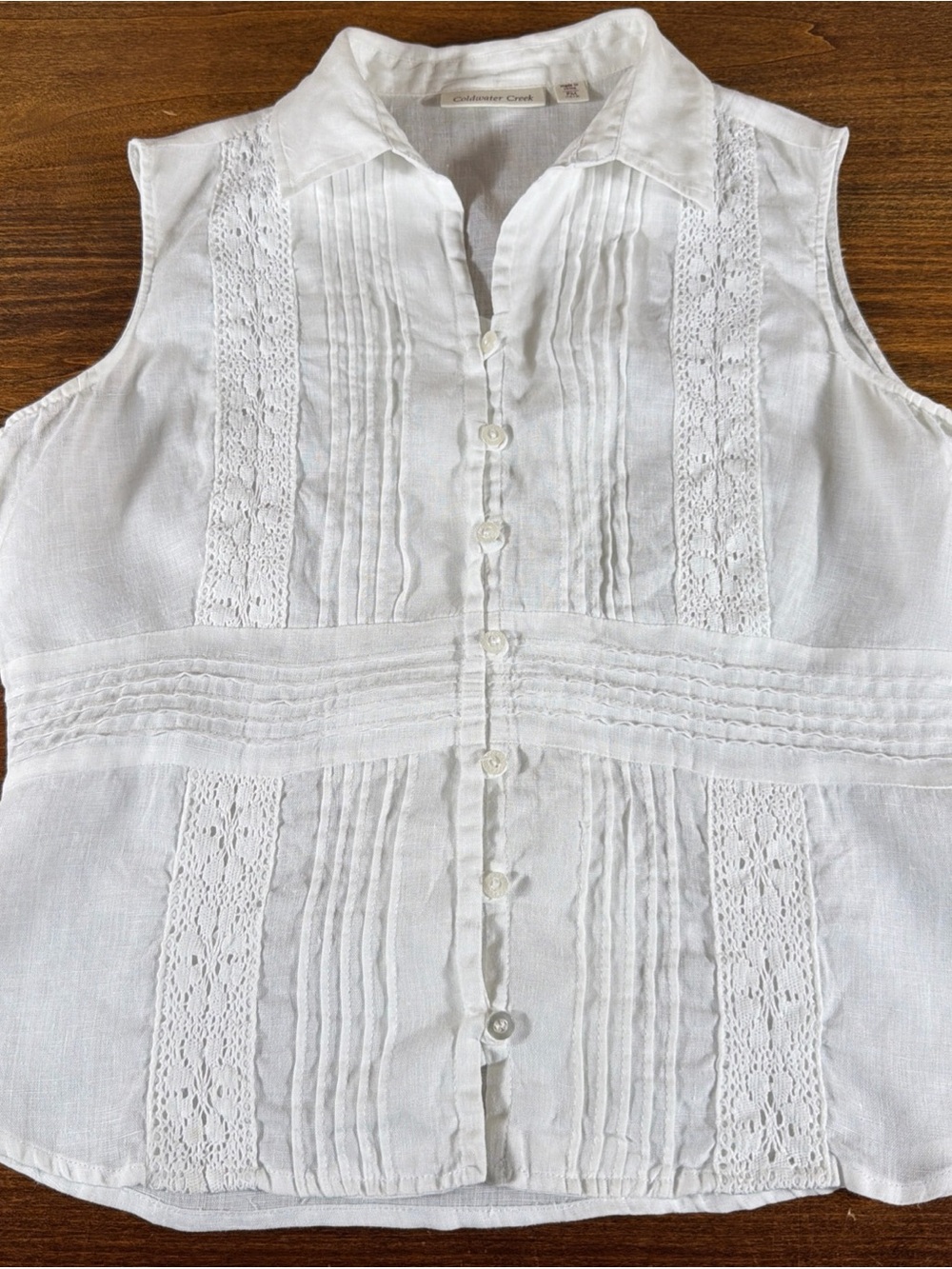 Coldwater Creek White Sleeveless Linen Button-Front Top Pintuck